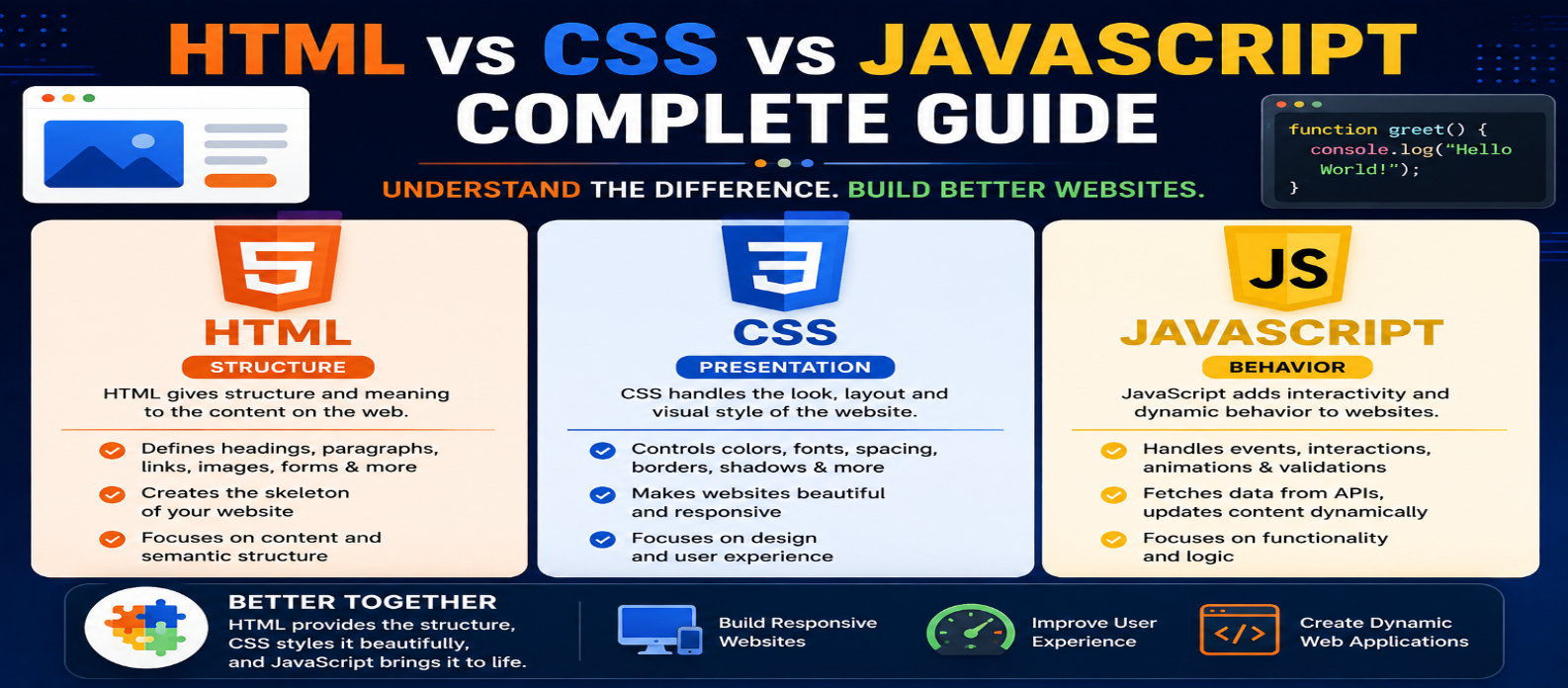 HTML vs CSS vs JavaScript: What's the Difference? Complete Guide for 2026